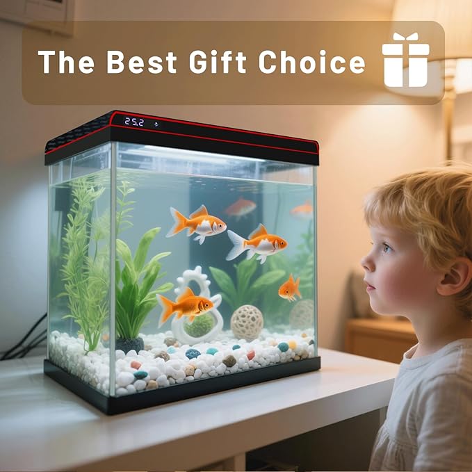 5 Gallon Glass Fish Tank Aquarium Starter Kit - Self-Cleaning, Ultra-Quiet Filter Pump, 3-Color LED Lights, Smart Temp Monitoring for Betta Fish, Shrimp, Kids Gift-PawvioPets
