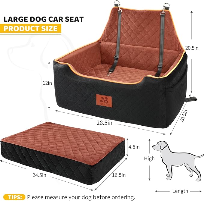 Dog Car Seat for Large/Medium Dog, Booster Seat for Dogs Under 55Lbs or 2 Small, Detachable and Washable Travel Pet Seat with Thick Cushion and Storage Pockets (Black/Brown)-PawvioPets