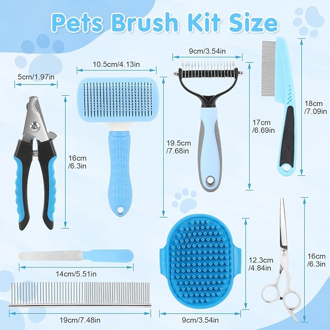 Cat Grooming Brush, 9PCS Dog Brush Kit with Pet Nail Clipper and File, Deshedding Brush for Cats, Cats Dog Shedding Brushs for Small Large Pets, Includes Flea Comb, Bath Brushs,Undercoat Rake (Blue)-PawvioPets