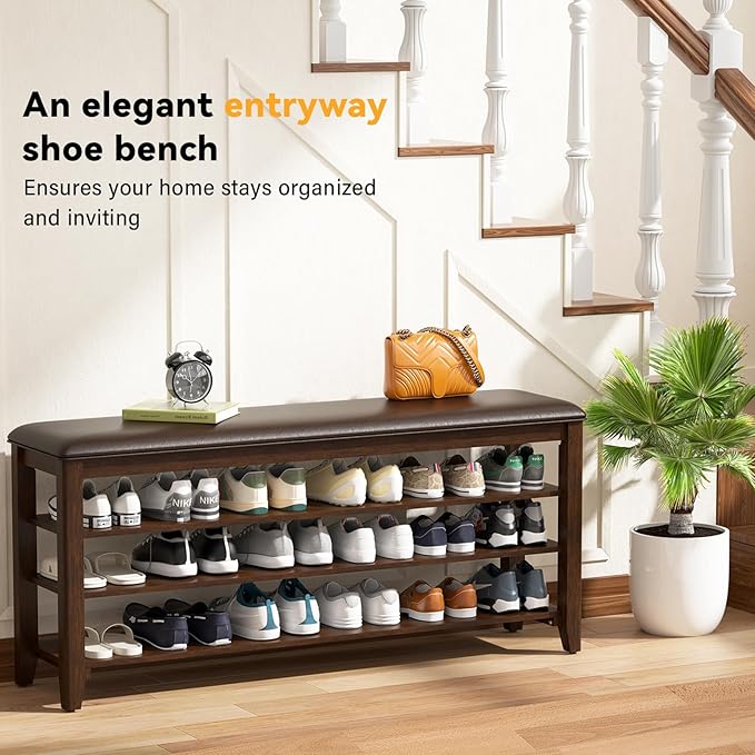 Entryway Shoe Storage Bench with Leather Cushion, Shoe Organizer Bench for Entryway, Ideal for Hallways Front Doors Entrances Mudrooms Featuring Rubberwood And 3 Height-Adjustable and Removable Shelve-PawvioPets