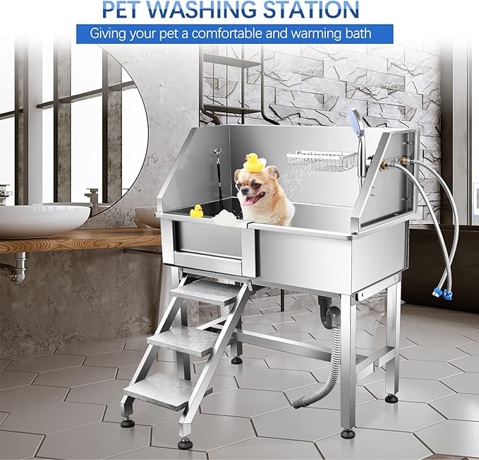 Dog Bath Tub 34'' Small Dogs, Pet Grooming Bahtub Home Washing Station for Small Pets Stainless Steel with Sliding Doors, Left Steps-PawvioPets