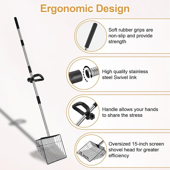 15" Chicken Poop Scooper & Rake, Metal Chicken Coop Scoop for Poop with 24 to 68" Adjustable Stainless Steel Handle, Litter Scooper Sifting Shovel Chicken Coop Accessories-PawvioPets