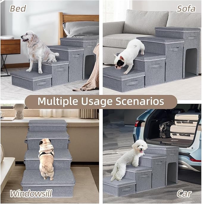 Dog Stairs with Storage, Folding Pet Steps with Zip for Small Dogs and Cats, 4-Step Pet Stairs with Pet House for High Bed, Couch and Car Ramp (Gray, 4 Steps with Condo)-PawvioPets
