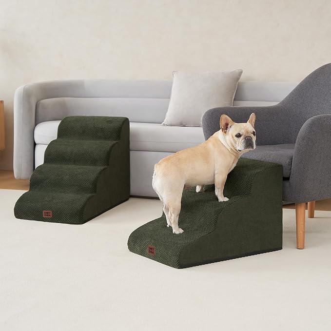 EHEYCIGA Curved Dog Stairs Ramp for Small Dogs 15.7" H, 3-Step Dog Steps for Couch Sofa and Chair, Pet Stairs for Cats, Non-Slip Balanced Pet Steps Indoor, Olive Green-PawvioPets