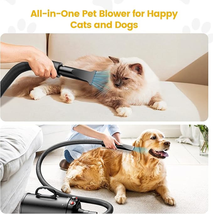Dog Dryer, 5.2HP/3800W High Velocity Dog Hair Dryer with 4 Nozzles, Stepless Adjustable Speed & Temperature Control, Low Noise Professional Dog Grooming Dryer (Black)-PawvioPets