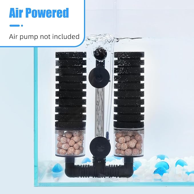 AQUANEAT Aquarium Air Powered Sponge Filter with Ceramic Media Balls, for Betta Fry Shrimp Fish Tank, with 2 Spare Sponges, up to 40Gal-PawvioPets