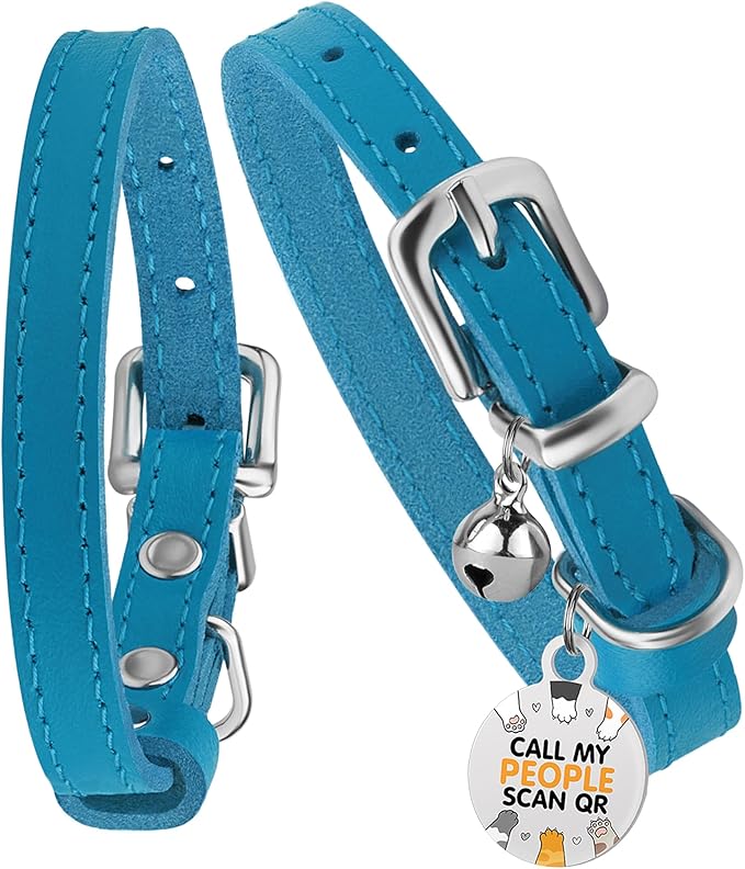 BRONZEDOG Leather Cat Collar with Removable Bells Non Breakaway Kitten QR Tag for Girl Boy (9" - 12" Cats/Mini Dogs, Blue & Silver)-PawvioPets