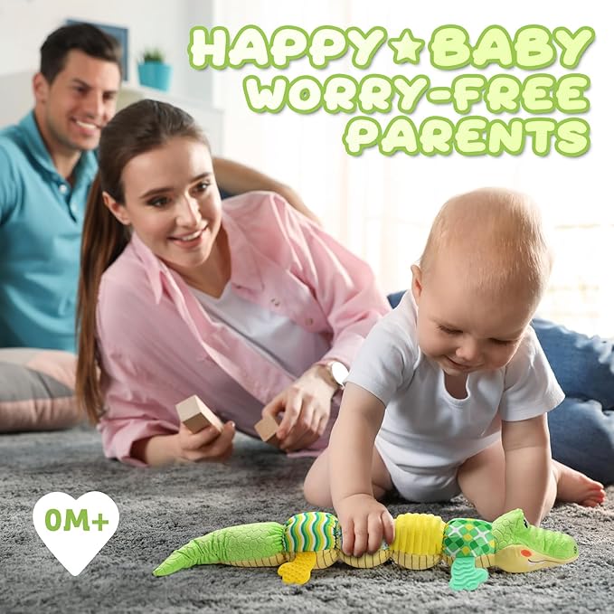 Baby Toys 0 to 12 Months, Musical Stuffed Animals Activity Soft Toy with Multi-Sensory Crinkle, Rattle and Textures, Infant Tummy Time Toys for Newborn Boys Girls, Crocodile, Green-PawvioPets