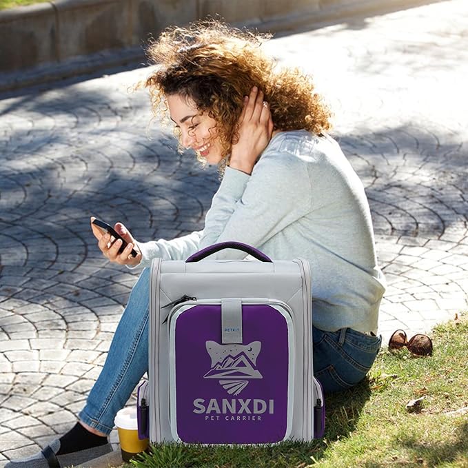 Expandable Pet Backpack, Cat Backpack with Breathable Mesh, Collapsible Soft Cat Travel Bag for Outdoor Hiking, Large Space Dog Backpack(Purple)-PawvioPets