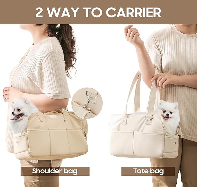Dog Purse Carrier for Small Dogs, Soft Soft Sided Folding Dog Carriers for Small Dogs Medium Cats Puppies up to 15 Lbs, Washable Breathable Puppy Carrier for Outdoor Travel (Large Beige)-PawvioPets