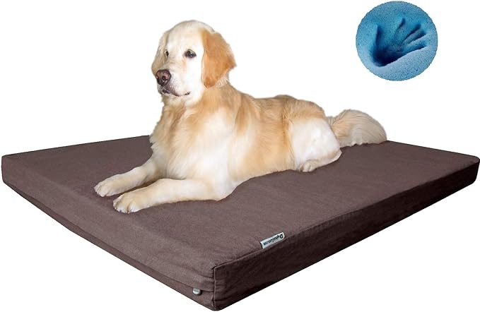 Dogbed4less Luxury XXL Orthopedic Memory Foam Dog Bed for Extra Large Dogs with Durable Waterproof Internal Case, Removable Washable Denim Cover and Bonus Pet Bed Spare Cover, 55X37X4 Inches, Brown-PawvioPets