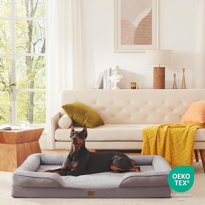 Bedfolks Orthopedic Dog Bed XXL, Waterproof Dog Sofa Bed for Giant Dogs, Egg Foam Pet Couch Bed with Removable Washable Cover and Nonslip Bottom, Light Grey-PawvioPets