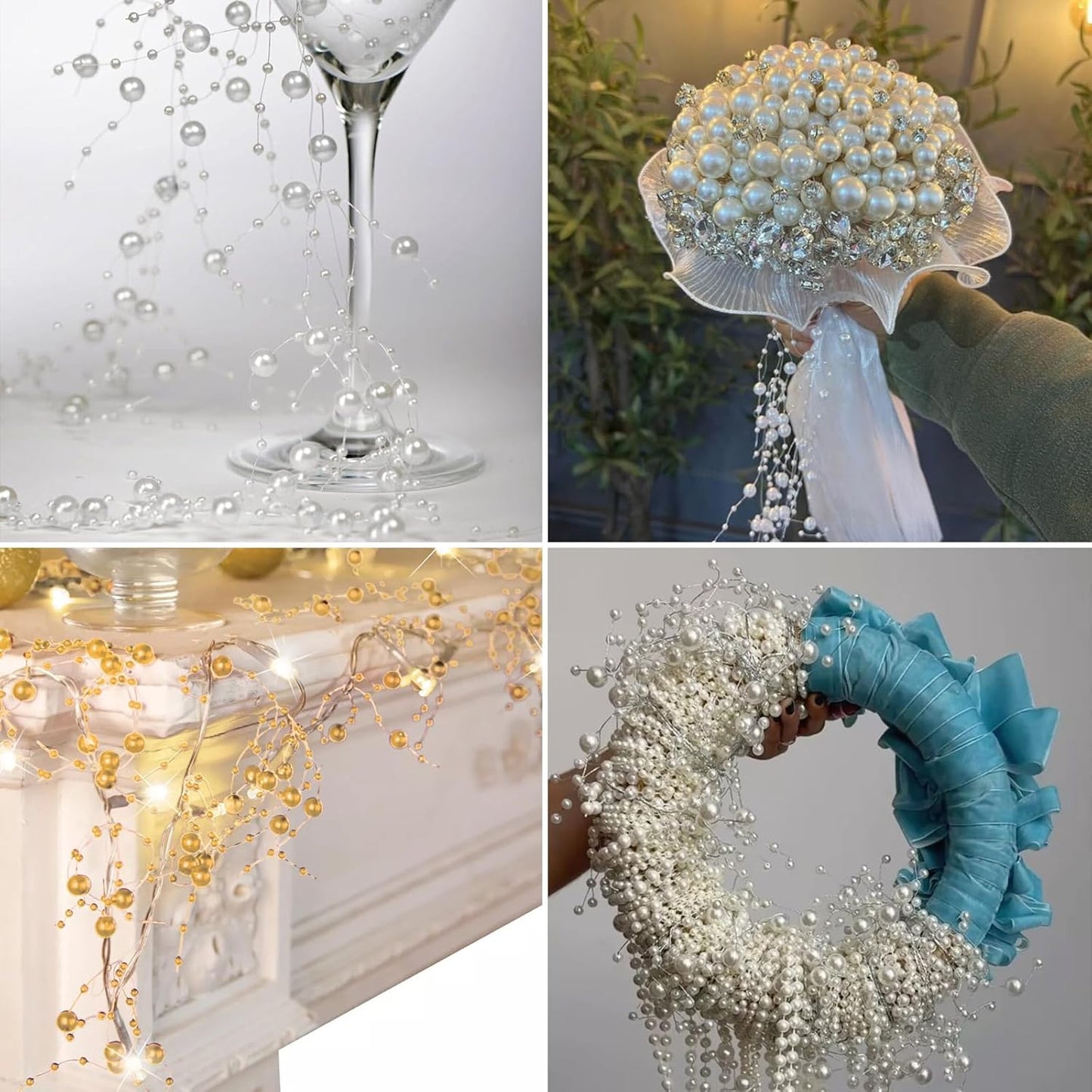 98FT Pearl Beads String Garland, 8mm 3mm Silver Faux Pearl Beads Roll Strand Bulk for Wedding Party Flower Christmas Decoration DIY Craft