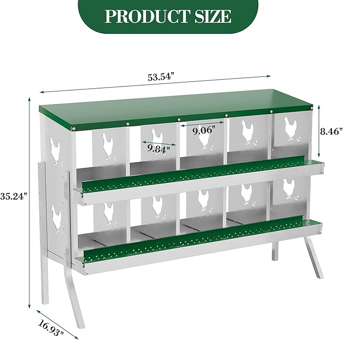 10 Hole Chicken Nesting Box with Roll Out Egg Tray, Rustproof & Ventilated Chicken Laying Boxes for Hens, Chickens, Ducks | Easy-Clean Poultry Coop Accessories, Green with Stand-PawvioPets