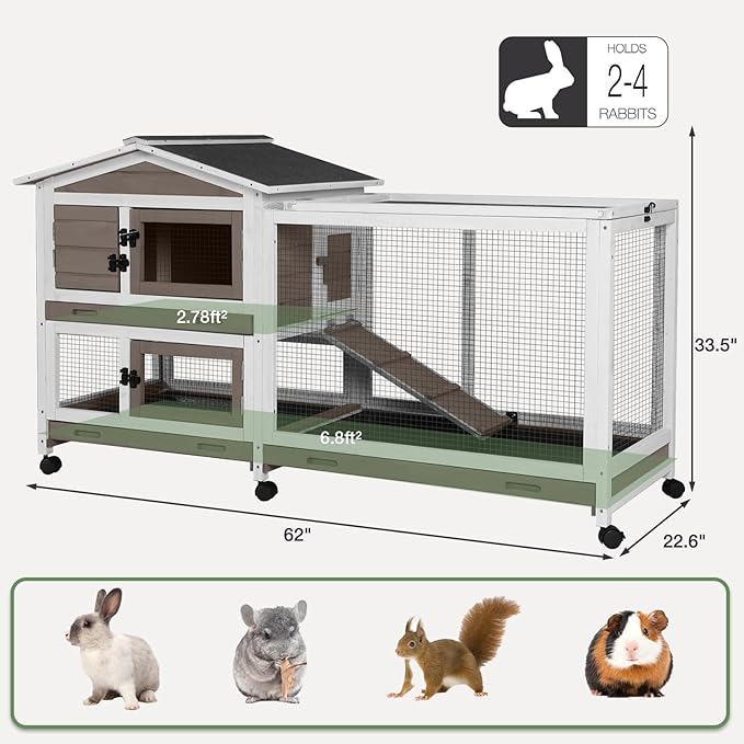 2-Story Indoor Rabbit Hutch with Chew-Proof Outdoor Rabbit Cage with 6 Locking Casters Bunny Cage 2 Pull-Out Trays Guinea Pigs Cage 62" Brown-PawvioPets