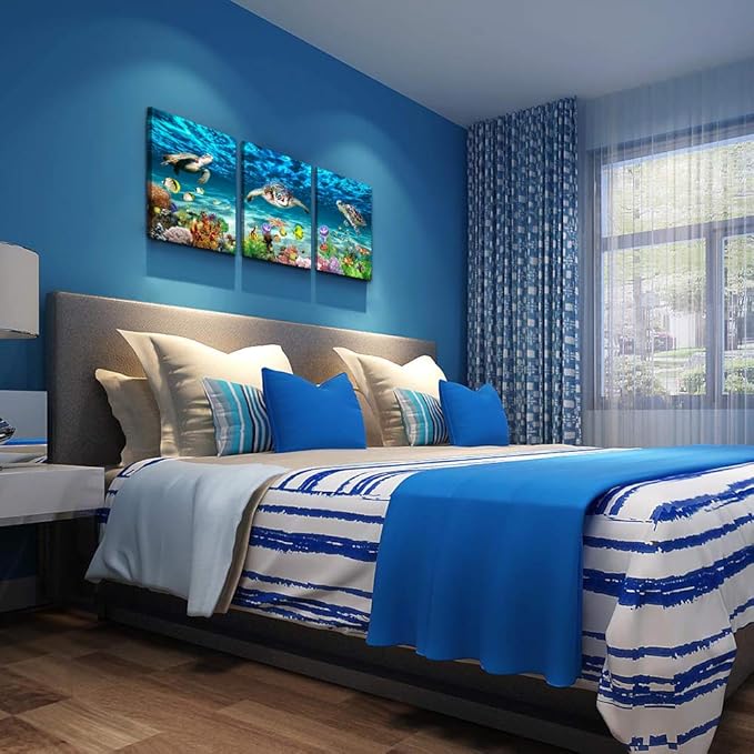 AHUASJART Canvas Wall Art for Living Room family Wall decor for Bedroom Bathroom Wall Decoration blue Ocean Sea Turtle Paintings Modern shark Pictures Artwork office Ready to Hang 12" x 16" 3 Piece-PawvioPets