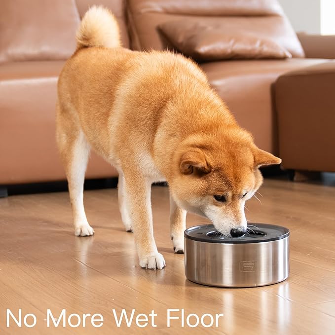 2L No Spill Water Bowl for Dogs, Double-Wall Stainless Steel with Splash-Proof Paws Lid and Floating Disk, Non-Slip Base, Easy to Clean Slow Water Feeder for Small Medium Dogs-PawvioPets