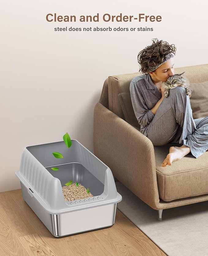 Cat Litter Box Stainless Steel XL with Lid, Enclosed Metal Extra Large Litter Box Pan High Sided with Scoop for Big Cats, Non-Sticky, Anti-Urine Leakage, Easy Cleaning-PawvioPets