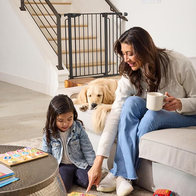 Cumbor 36" Extra Tall Baby Gate for Stairs, 29.7-57" Extra Wide Dog Gate for Doorways Hallways, Pressure Mounted Child Gate for Wide Opening, Auto Close Personal Safety for Babies and Pets, Black-PawvioPets