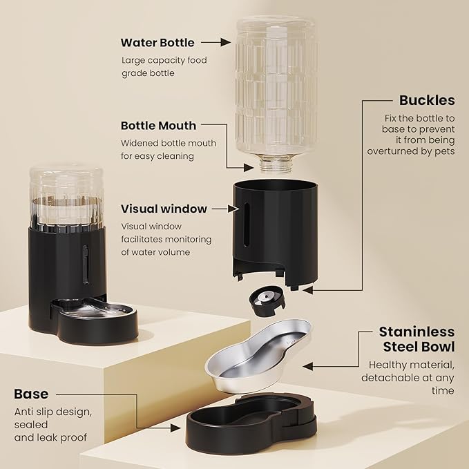 CZPET Automatic 4L/1Gal/135Oz Cat Water Dispenser with Stainless Steel Bowl, Gravity Waterer for Small Medium Dog Puppy Kitten (Black)-PawvioPets