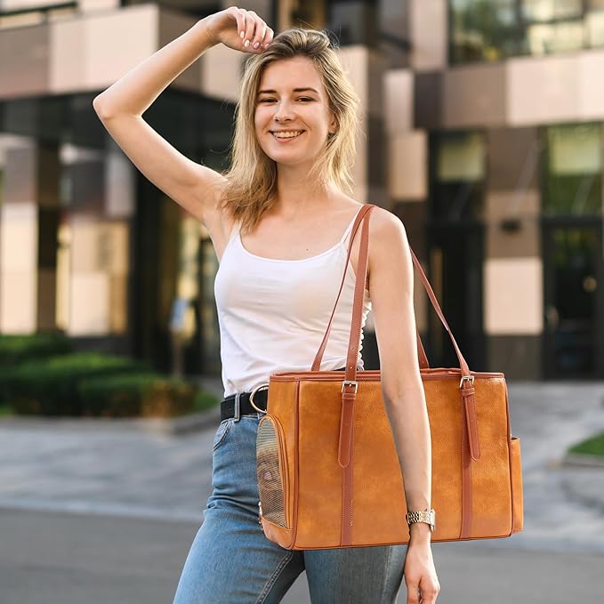 Fashion Dog Purse Pet Carrier Leather Bag for Small Dogs Cats Puppy, Portable Tote Bag Airline Approved Soft-Sided Carriers (Brown)-PawvioPets