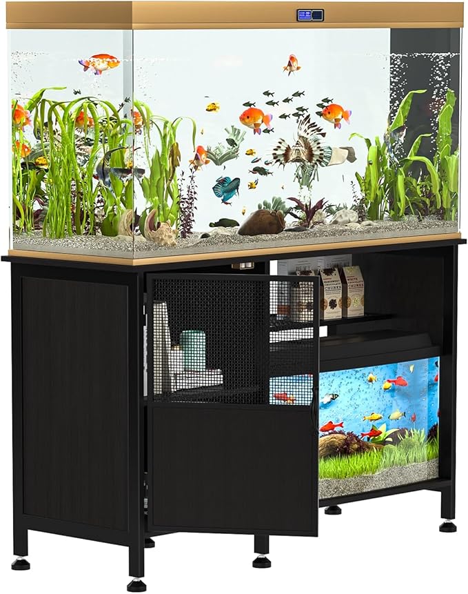Fish Tank Stand, Modern Aquarium Stand with Built-in Cabinet and Shelves - Sleek Black Iron and Wood Grain Design for Stylish Home Décor( 51.97" x W 19.69" x H 31.5") Black-PawvioPets