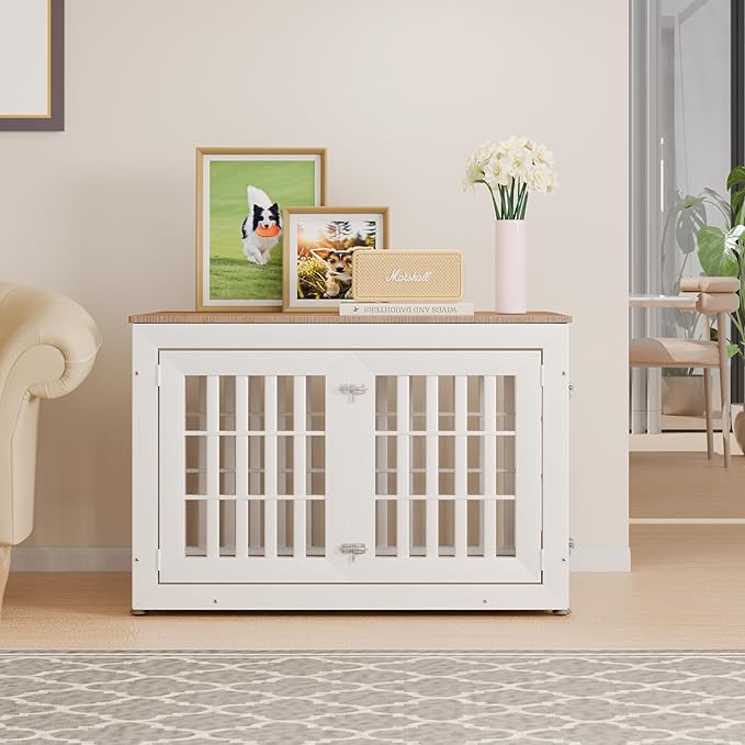 42" Heavy Duty Dog Crate Furniture for Small,Medium and Large Dogs,Rustic Wooden Dog Cage Kennel Indoor Furniture with Waterproof Top,Decorative Pet House Side End Table (White & Wood)-PawvioPets