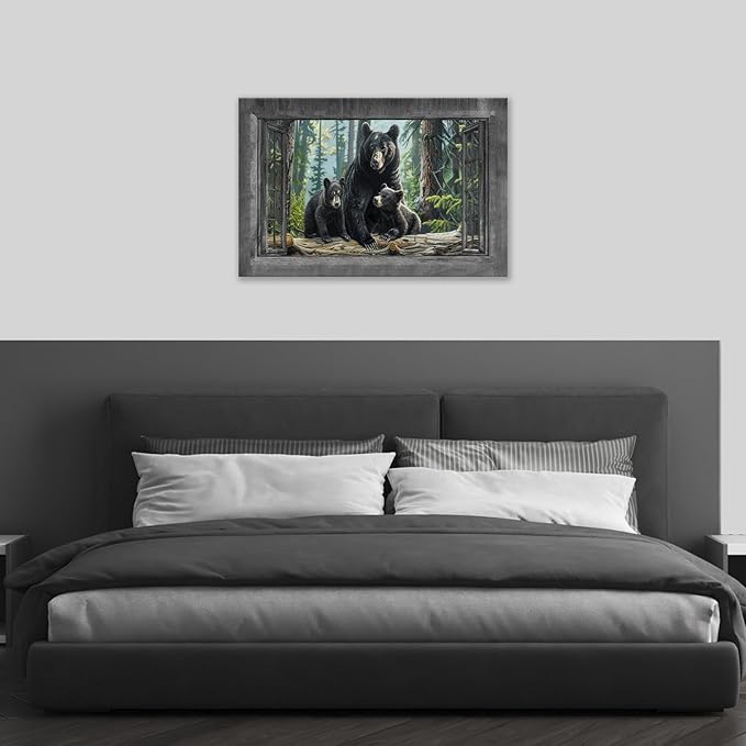 Black Bear Wall Art Forest Window Canvas Cabin Living Room Pictures Prints Animal Wall Decor Painting Artwork for Bedroom Dining Office Home 24"x16"-PawvioPets