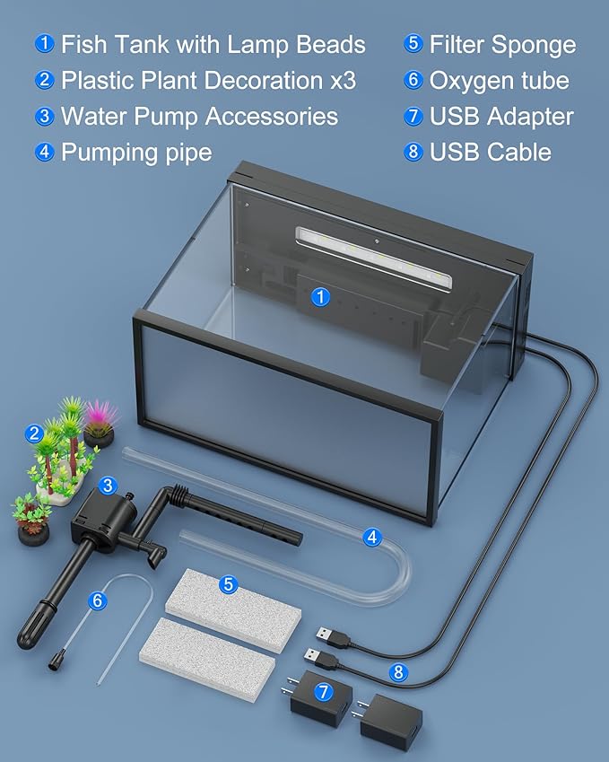 Fish Tank Aquarium Kit, 2.38 Gallon Beta Fish Aquariums, UHD Glass,Temperature Sensing, 7-Color Lighting Small Fish Tank for Kids/Desktop Decor-PawvioPets