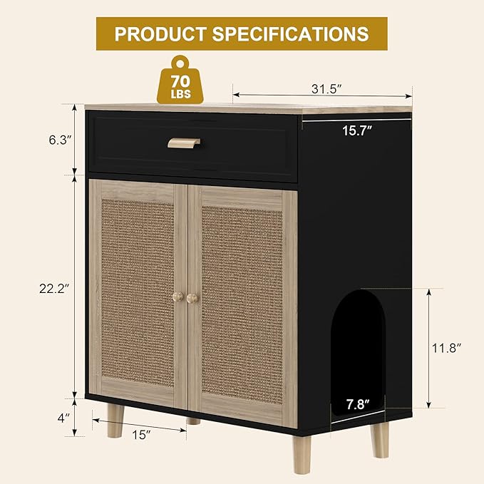 Cat Litter Box Enclosure Furniture Hidden Indoor 2-in-1 Wooden Cat House & Washroom Cabinet with Scratching Board Doors and Drawer, 31.5"x15.7"x34.6"H - Black-PawvioPets