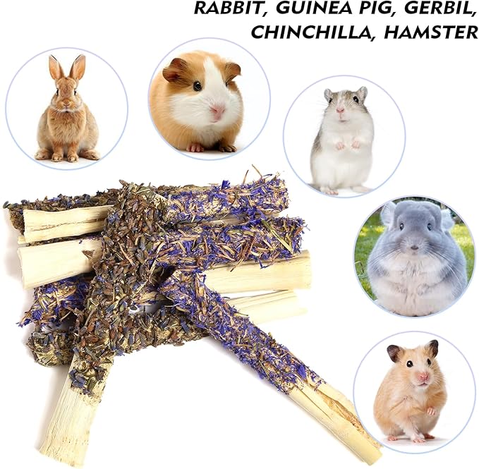 Abizoo Sweet Bamboo Rabbit Chew Sticks Treats and Toys 8Pcs Natural Hay with Forget-Me-Not Lavender for Bunny Guinea Pig Chinchilla Dental Care-PawvioPets