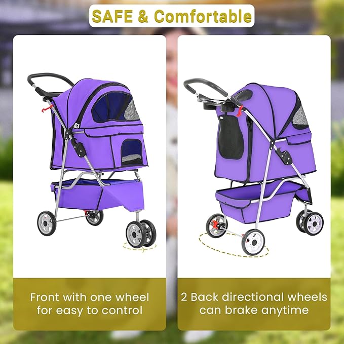 Foldable Pet Stroller,Dog Stroller with 3 Wheel,Pet Strolling Cart,Dog Travel Carrier with Storage Basket and Cup Holder for Dog Puppy,Purple-PawvioPets