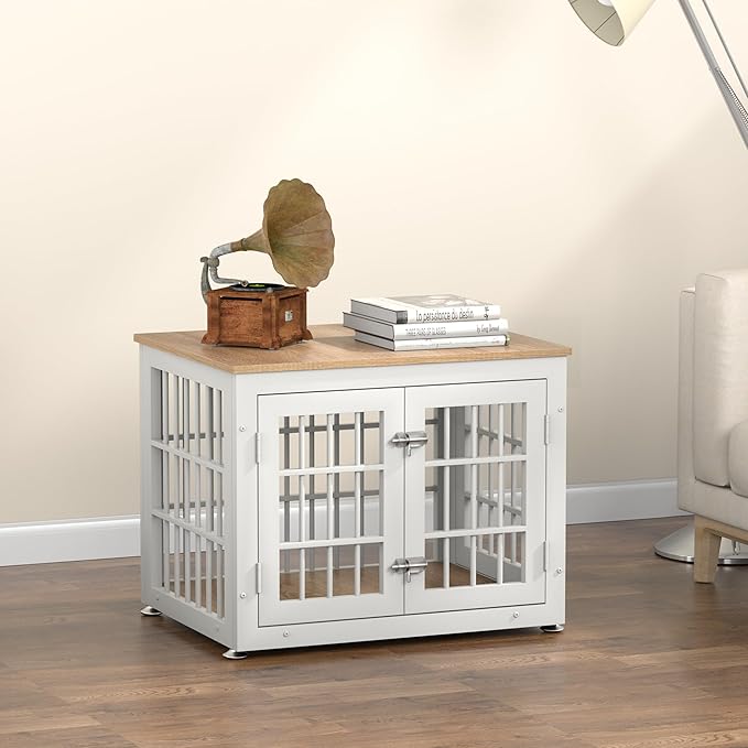 26 Inch Heavy Duty Dog Crate Furniture for Small Dogs, Decorative Pet House End Table, Wooden Cage Kennel Furniture Indoor, White and Natural-PawvioPets