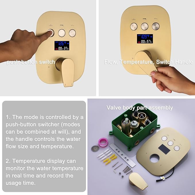 Brushed Gold Shower System Set Temperature Display Push Button Shower Faucet with 12 inch and 8 inch Wall Mount Full Body Shower Head and Handheld Shower-PawvioPets