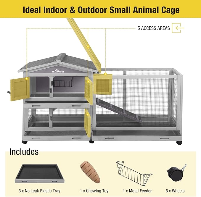Aivituvin Rabbit Hutch Outdoor Indoor Rabbit Cage Chikcen Coop with Casters Guinea Pig Cage with 3 Deep No Leakage Pull Out Tray,Waterproof Roof-PawvioPets