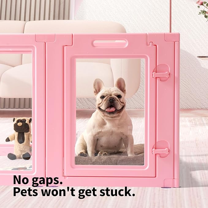 DIY Clear Acrylic Dog Playpen House,Quick Easy Assembly and Disassembly,Strong Floor Suction,Indoor and Outdoor Use,Easy Cleansing Puppy Fence (Sakura Pink, 23.6" H, 10PCS)-PawvioPets
