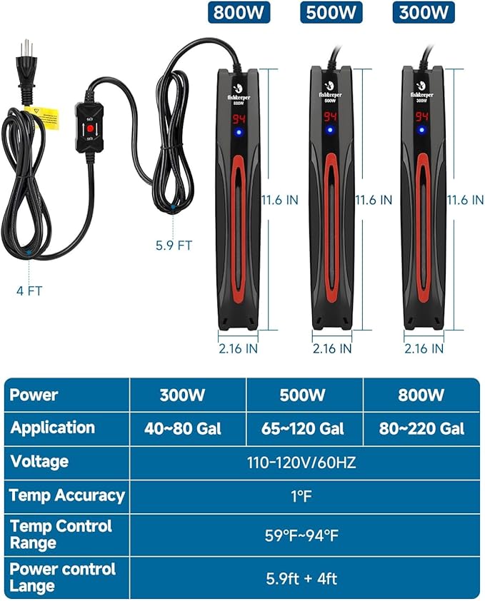 fishkeeper 800W Submersible Aquarium Heater for 80-220 Gal Fish Tanks (Run-Dry/Overheat/Low-Temp Protection)(Precision Electronic Smart Thermostat)(Adjustable Temperature) Ultra-Safe Fish Tank Heater-PawvioPets