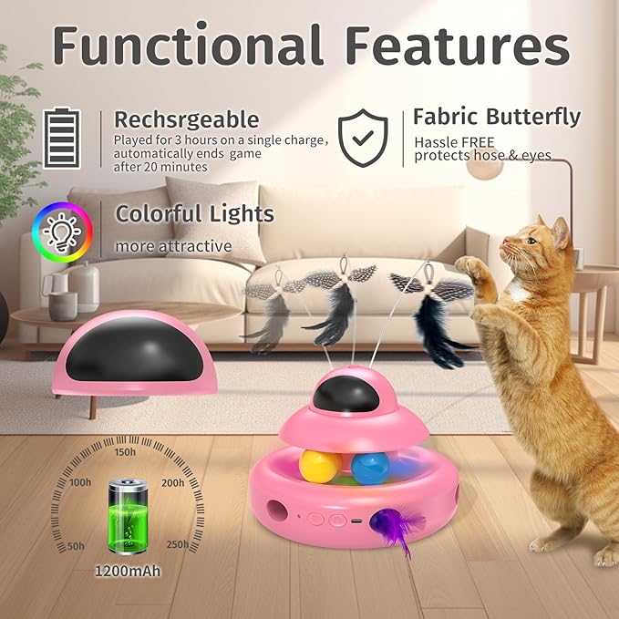 Automatic Cat Toys,4-in-1 InteractiveCat Toys for Bored Indoor Adult Cats, Electric Flying Butterfly,Rechargeable Moving Ambush Feather,Pink Kitter Toy Track Balls-PawvioPets