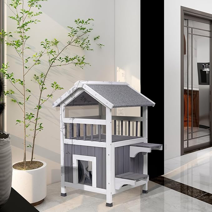 GEGURI Outdoor Cat House Weatherproof, Wooden Two-Story Feral Cat Shelter with, Escape Door, Balcony-PawvioPets