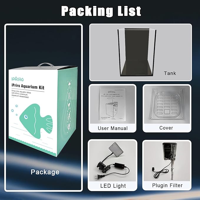 Glass Betta Aquarium Starter Kits 1.5 Gallon Small Fish Tank, Betta Fish Tank with LED Light, Power Filter, Black. 4mm Glass-PawvioPets