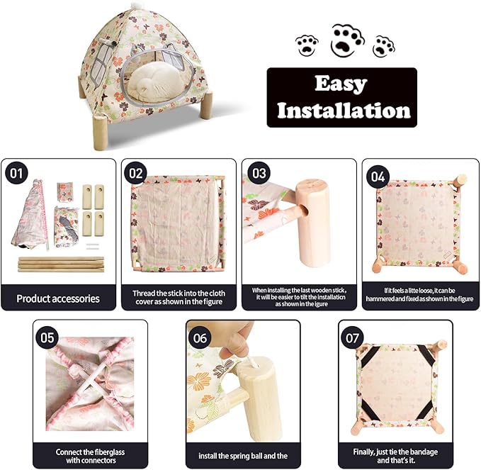 2-in-1 Elevated Cat Tent Cat House, Quick Assembly and Disassembly, Portable Indoor/Outdoor Cute Cat Bed Cave-Butterfly and Flower-PawvioPets