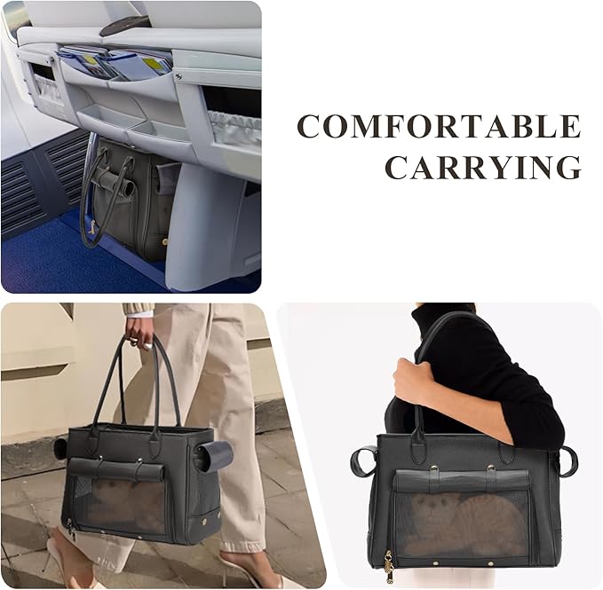 Fashion Pet Carrier Purse for Small Cat and Dog, Luxury Pu Soft-Sided Tote Bag with Large Pockets for Dogs and Puppies (Black, 15.8" L x 7.5" W x 11.8" H)-PawvioPets