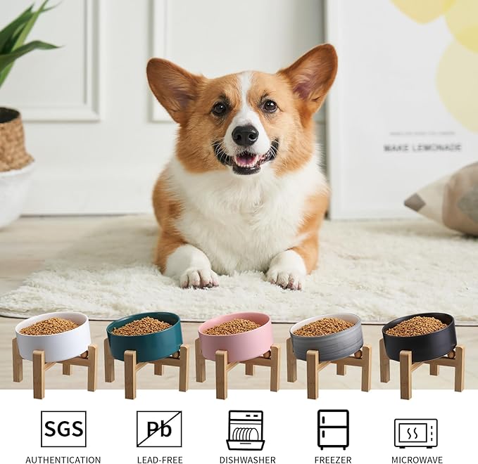 Elevated/Raised 15°Tilted Anti Slip Ceramic Dog Bowls,Slanted Bulldog Pet Food Water Feeding Dish Stand for Cats and Dogs (3.6 Cups/28 OZ) Grey White-PawvioPets