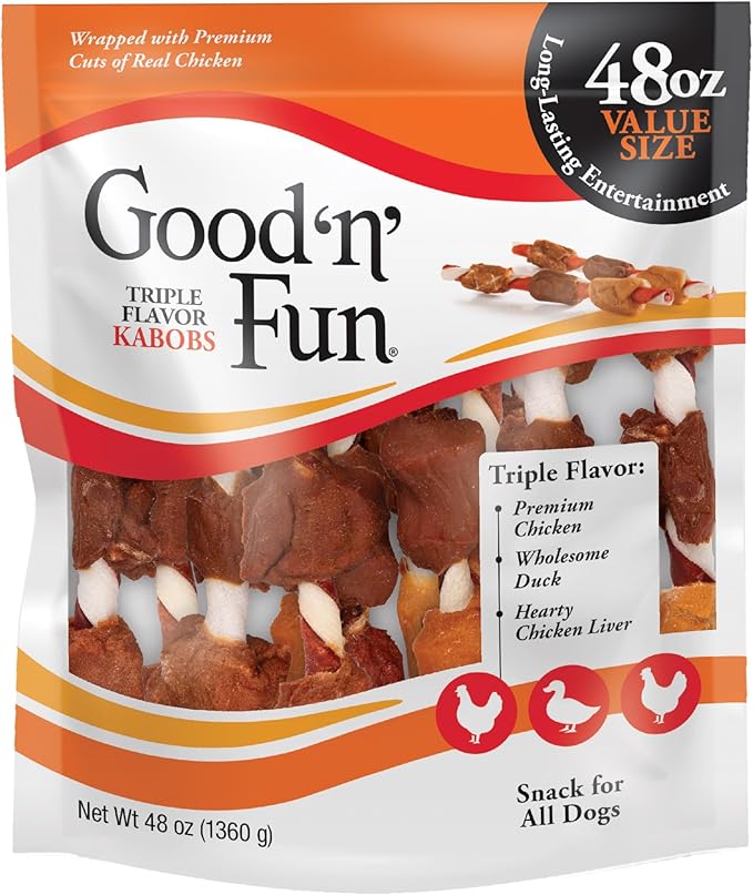 Good ‘n’ Fun Triple Flavor Kabobs Chews for All Dogs, 48 Ounces, Treat Your Dog to Chews Made from Beef Hide, Real Chicken, Pork Hide, Duck and Chicken Liver-PawvioPets