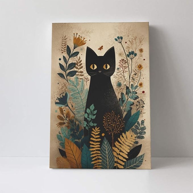 Boho Black Cat Wall Art Kitten Botanical Wall Decor Mid Century Modern Canvas Painting Print Minimalist Pictures Artwork Framed Decorations Gifts for Cat Lover Bathroom Nursery Living Room Bedroom Kitchen 16"x24"-PawvioPets