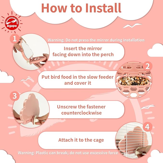 Agape Bird Mirror for Cage, Bird Toys with Perch and Slow Feeder to Expend Energy, Small Parrot Swing, Interactive Toys for Cockatiel, Lovebird, Parakeet, Conure, Finch, and Budgies-PawvioPets