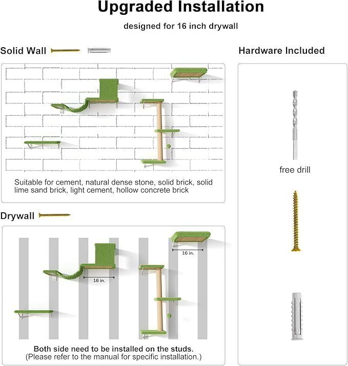 FUKUMARU Cat Wall Shelves, Stable & Safe 4 in 1 Cat Furniture Set, Wooden Climbing Wall with Scratching Post, Bridge and Bed, Stylish Jungle Gym for 16 Inch Drywall - Green-PawvioPets