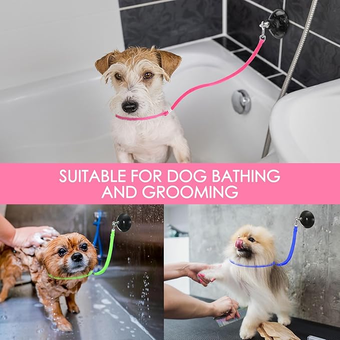 Frienda 4 Pieces Dog Bathing Tether with Suction Cup Pet Dog Grooming Tub Restraint Loops and Adjustable Cat Fixed Safety Rope for Pet Shower Bathing Grooming(Blue Pink Bright Green)-PawvioPets