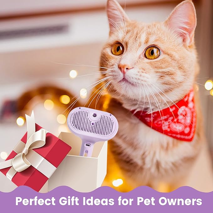 3 in 1 Cat Steam Brush, Pet Spray Hair Removal Comb for Shedding & Grooming, Water Brush for Cats Dogs Small Animals Long Short Haired with One-Click Release Button(Purple)-PawvioPets