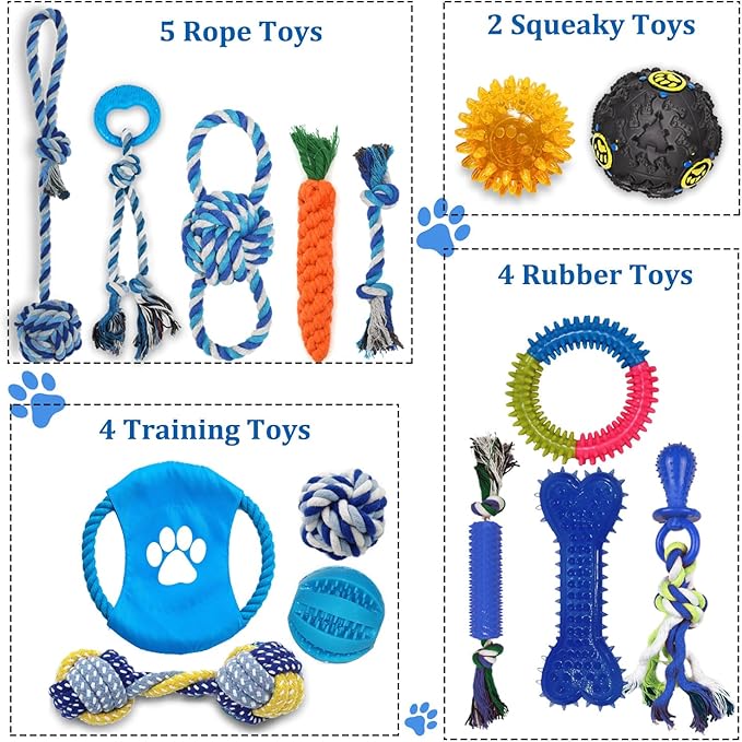 Dog Toys 15 Pack for Teeth Cleaning and Fun, Puppy Teething Chew Toys Interactive Rope Squeaky Treat Balls & Rubber Tous Bulk– Variety Dog Gifts Set Reduce Anxiety & Save Furniture-PawvioPets